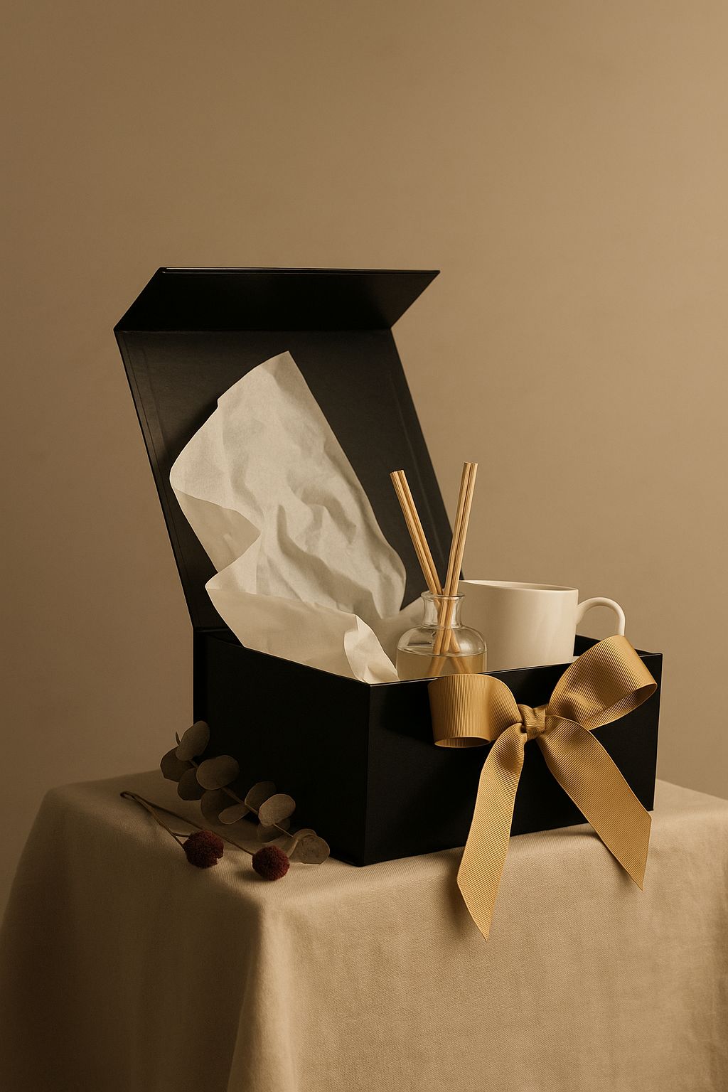 Beautifully curated luxury gift hamper with candles, chocolates and premium products
