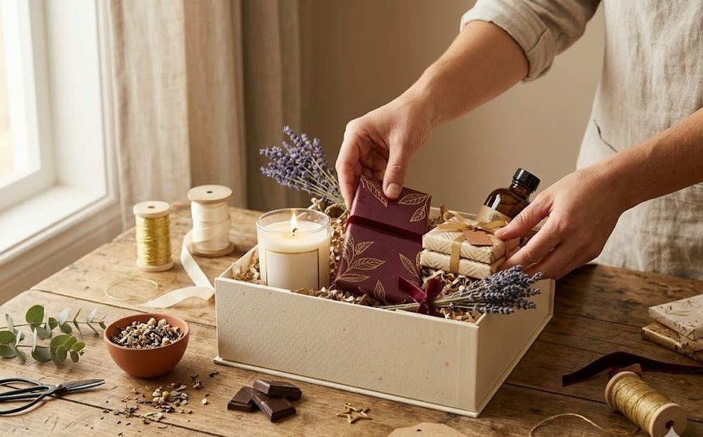 Heart to Home hampers being hand-packed on a Melbourne kitchen bench