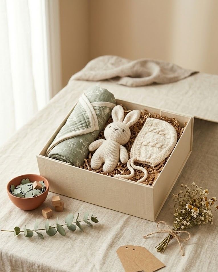 New baby gift hamper with muslin wrap, bib and soft toy
