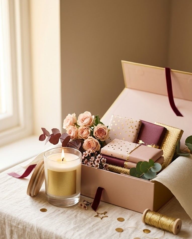 Luxury birthday gift hamper with ribbon, candles and chocolates