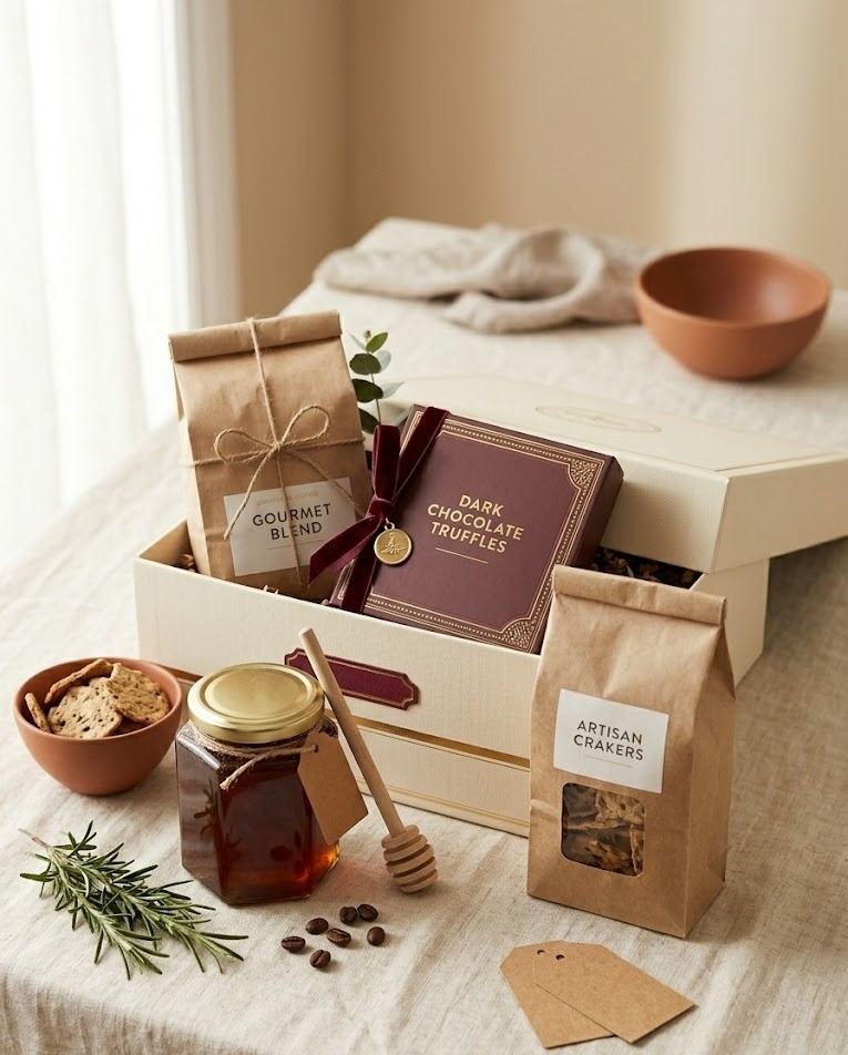 Gourmet food hamper with artisan crackers, chocolate and honey