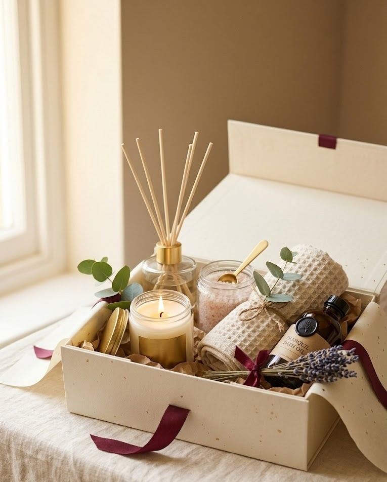 Self-care spa gift set with candles, bath products and hand cream